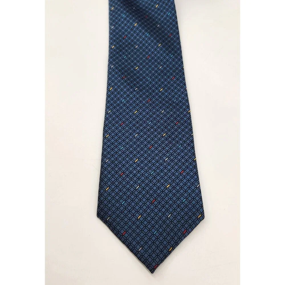 100% Silk Mens Tie by LD14‎ Made In Italy Blue Geometric
